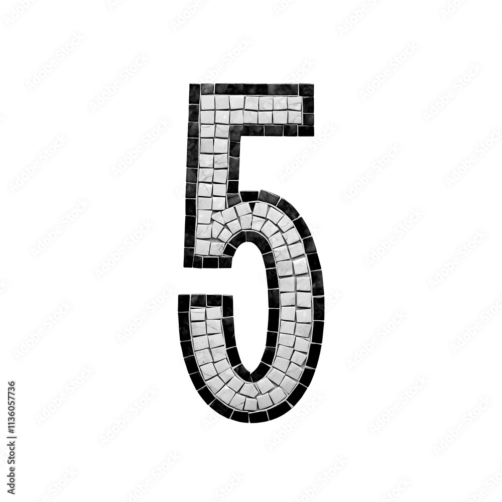 A mosaic number 5 made up of small square tiles in black and white colors. A mosaic number 5 made up of small square tiles in black and white colors.