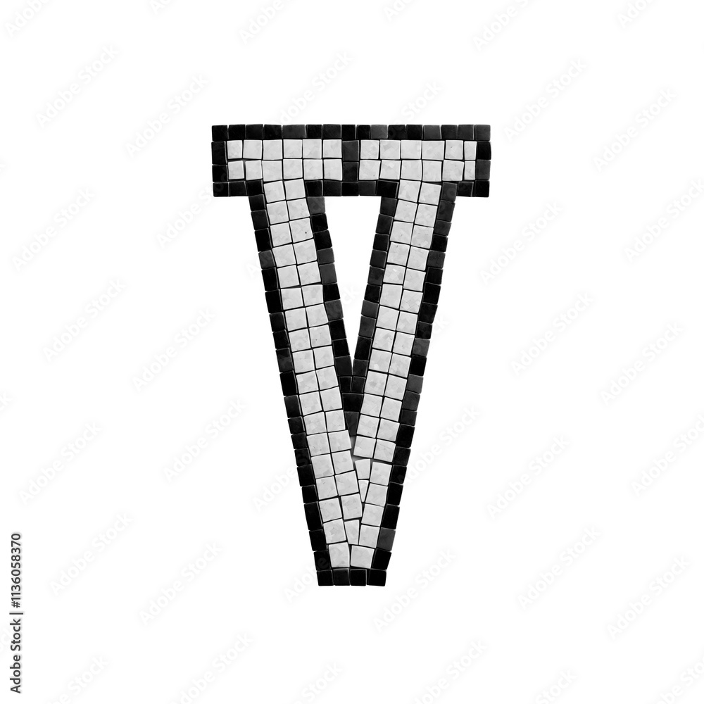 A mosaic letter V made up of small square tiles in black and white colors. A mosaic letter V made up of small square tiles in black and white colors.