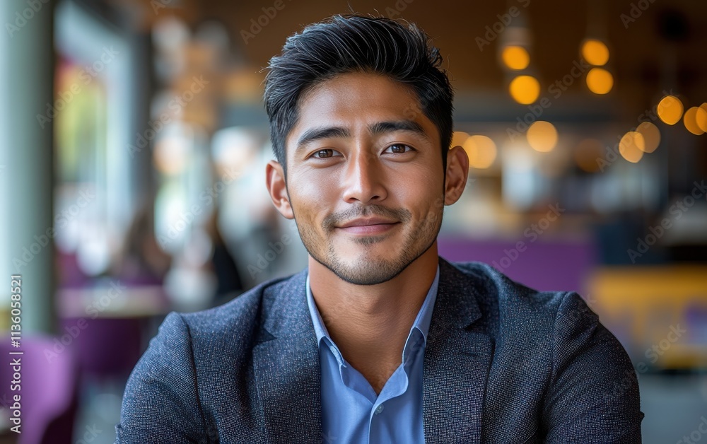 Fototapeta premium Asian man with a smile on his face is wearing a suit and a shirt in studio office background