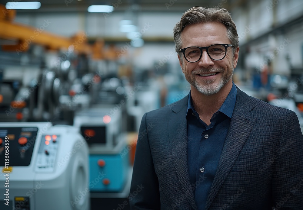Professional man stands confidently in a modern industrial workspace during daylight