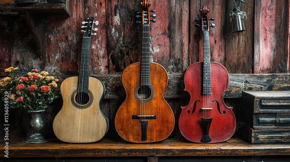 Naklejka premium Vintage String Instruments on Rustic Wooden Wall