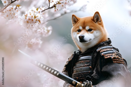 samurai Shiba inu dog warrior standing under blooming cherry blossoms, wearing armor and holding katana swords in peaceful scenery photo