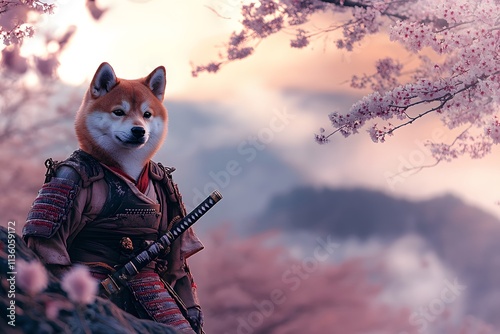 samurai Shiba inu dog warrior standing under blooming cherry blossoms, wearing armor and holding katana swords in peaceful scenery photo