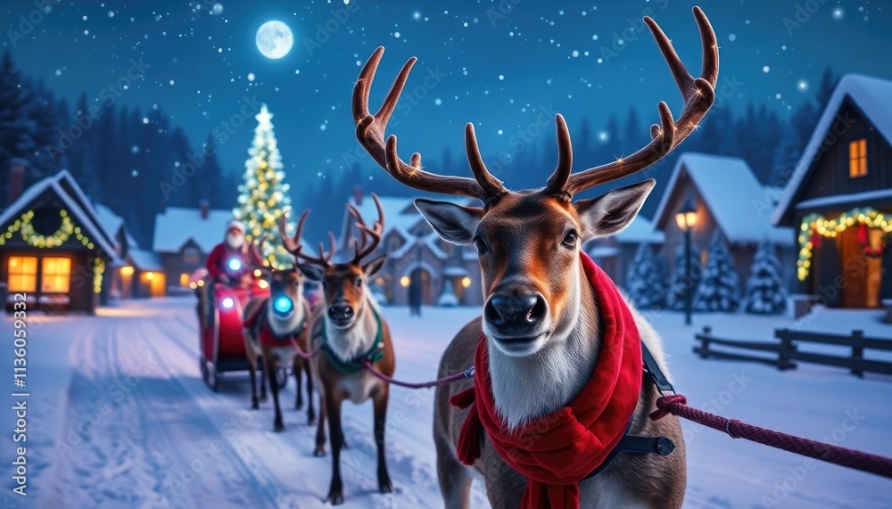 Festive Reindeer with Glowing Noses Pulling Santa's Sleigh Through a Snowy Village. Free Christmas Background. Chrismas Wallpaper. Cool Wallpaper 4k Festive Reindeer with Glowing Noses Pulling Santa's Sleigh Through a Snowy Village. Free Christmas Background. Chrismas Wallpaper. Cool Wallpaper 4k