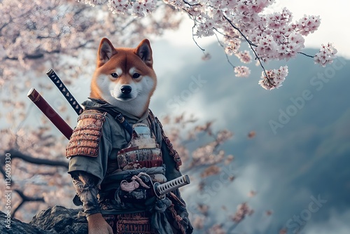 samurai Shiba inu dog warrior standing under blooming cherry blossoms, wearing armor and holding katana swords in peaceful scenery photo