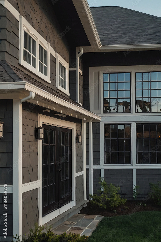 Craftsman-style home exterior featuring dark gray siding, large windows, and a welcoming front door with modern fixtures. Craftsman-style home exterior featuring dark gray siding, large windows, and a welcoming front door with modern fixtures.