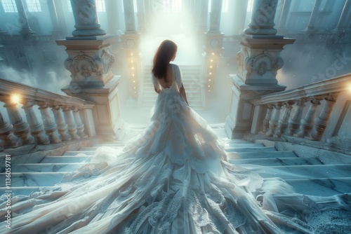 A serene figure descending elegant stairs in a mystical environment.