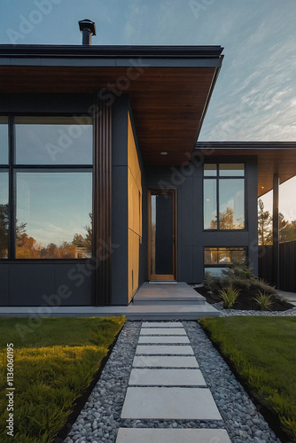 Contemporary house exterior with large windows and stone pathway leading to the entrance.