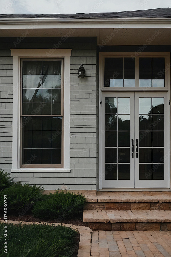 Front entrance of a house featuring double glass doors, windows, and landscaped steps leading to the porch. Front entrance of a house featuring double glass doors, windows, and landscaped steps leading to the porch.