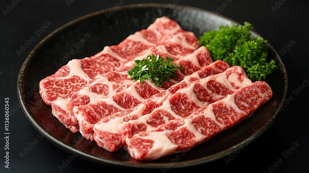 A plate of raw marbled beef slices garnished with fresh parsley on a dark background. A plate of raw marbled beef slices garnished with fresh parsley on a dark background.