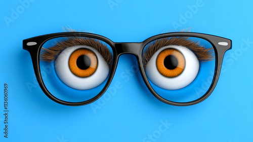 Eye See You: A pair of cartoon eyes peering over the rim of black-framed glasses on a bright blue background.