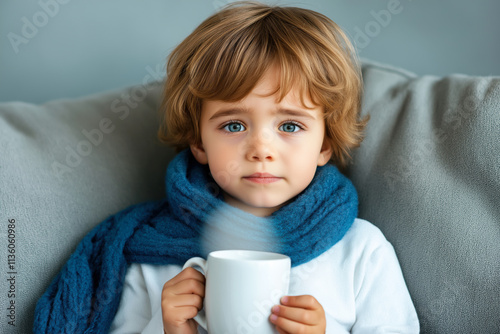 Wallpaper Mural A sad boy in a blue scarf holds a white mug with a hot drink. a cold, a viral disease of a child. Torontodigital.ca