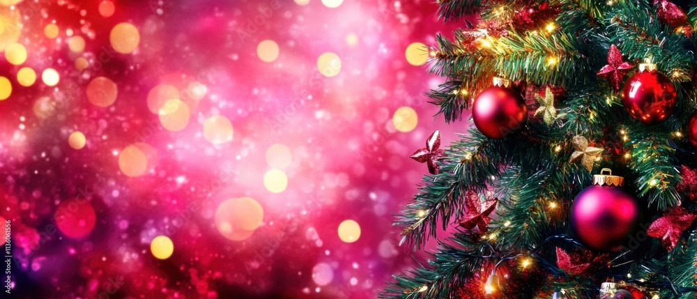 Sparkling Christmas Tree with Red Ornaments and Festive Pink Bokeh Lights Sparkling Christmas Tree with Red Ornaments and Festive Pink Bokeh Lights