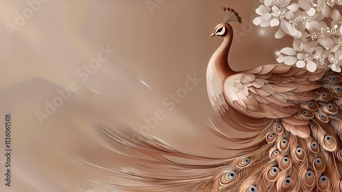 Peacock with ornate tail and floral details. Interior and decorative design applications