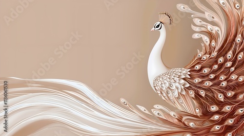 Peacock with flowing feather tail and abstract floral motifs. Interior and decorative design applications