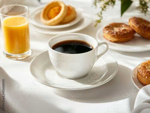 cozy breakfast table with coffee, juice, and pastries, inviting warmth