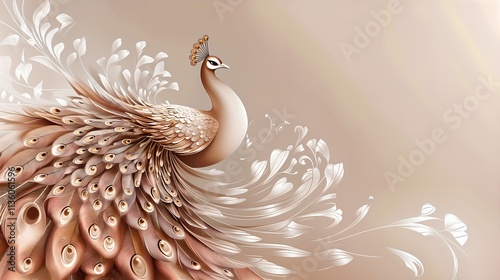 Peacock with ornamented tail and floral surroundings. Interior and decorative design applications