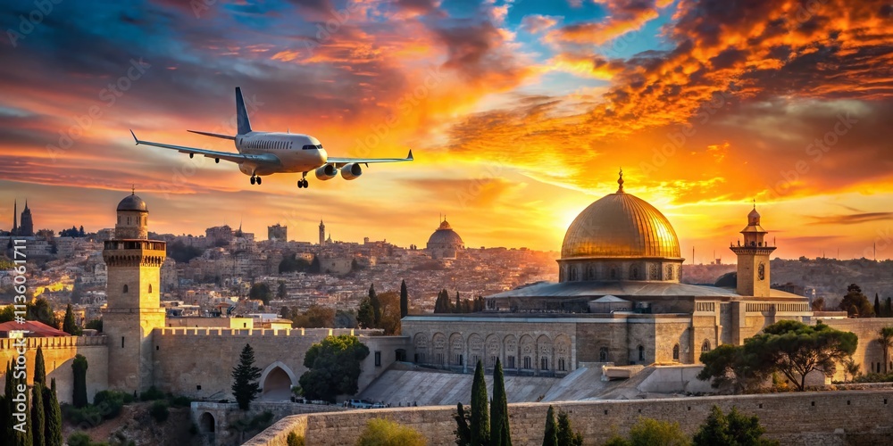 Fototapeta premium Breathtaking Double Exposure of an Airplane Landing Over the Historic Cityscape of Jerusalem, Israel, Blending Modern Aviation with Ancient Architecture and Culture