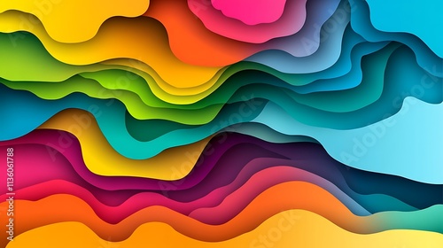 Abstract colorful layered paper cut design with wavy shapes and vibrant hues.