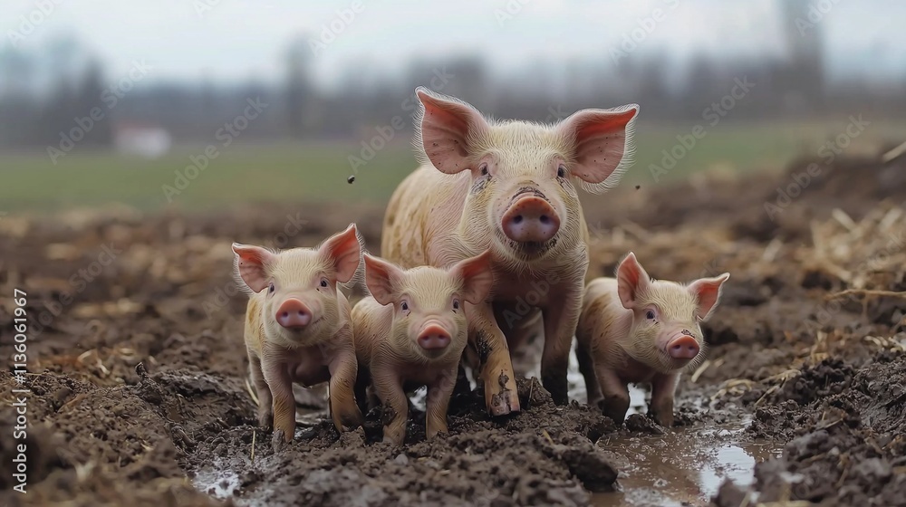 A mother pig and her three piglets are standing in a muddy field