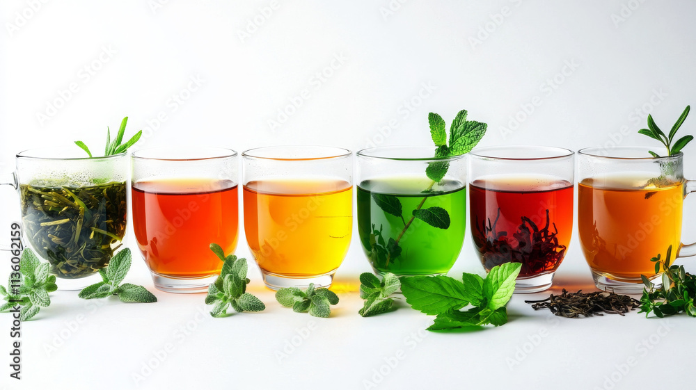colorful display of herbal teas in glass cups, showcasing various flavors and aromas colorful display of herbal teas in glass cups, showcasing various flavors and aromas