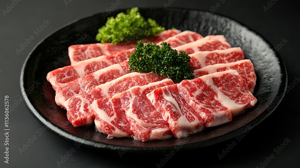 A plate of raw marbled beef slices garnished with fresh parsley on a dark background. A plate of raw marbled beef slices garnished with fresh parsley on a dark background.