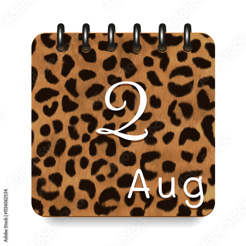 August. Leopard print calendar daily icon. White letters. Date day week Sunday, Monday, Tuesday, Wednesday, Thursday, Friday, Saturday.