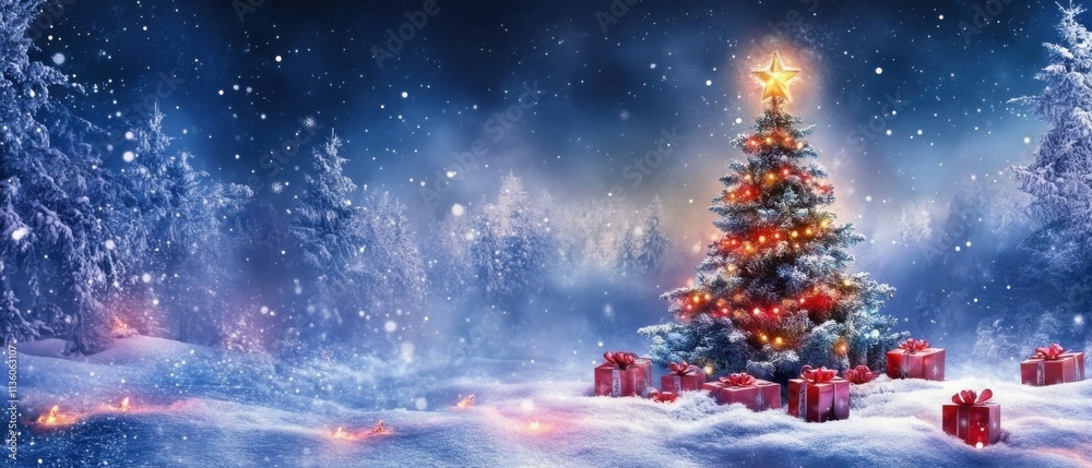 Magical Christmas Tree in Snowy Winter Wonderland Forest Scene