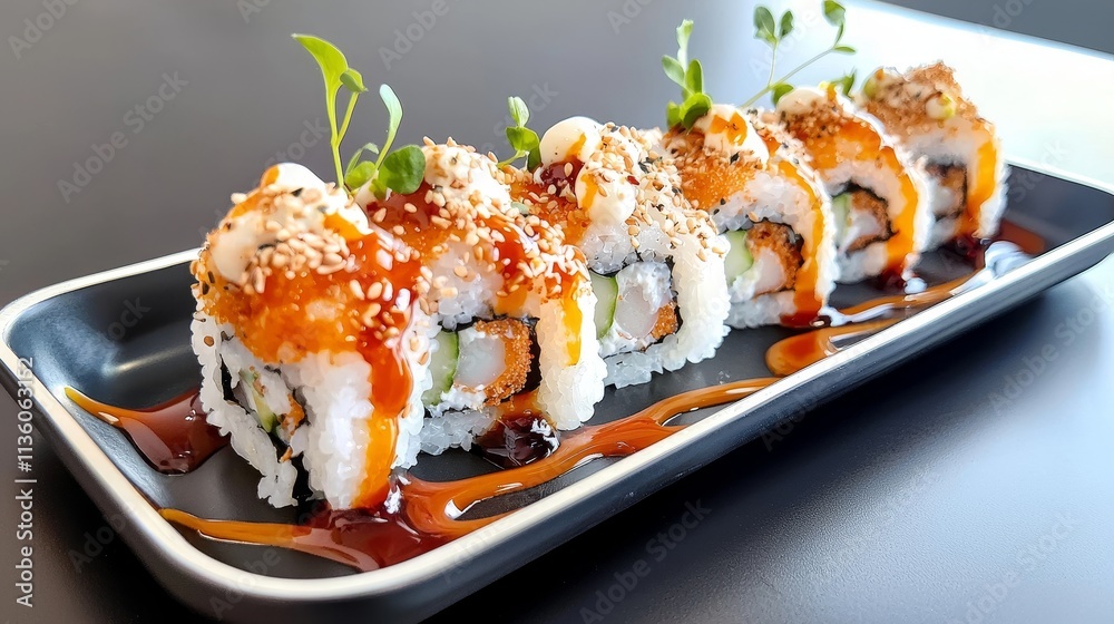 Elevate sushi experience garnishes and sauces enhance flavor restaurant setting food presentation close-up view culinary art Elevate sushi experience garnishes and sauces enhance flavor restaurant setting food presentation close-up view culinary art