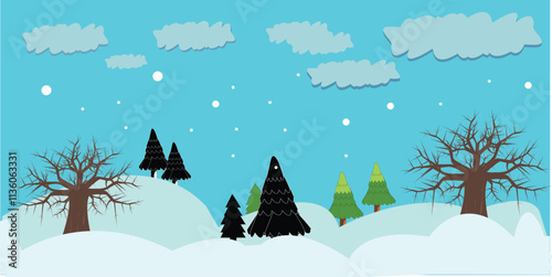 Vector winter background, forest, trees, snow.winter foggy nature.