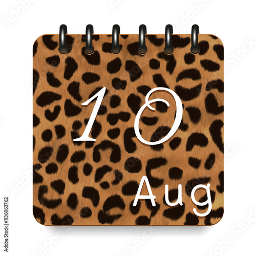 August. Leopard print calendar daily icon. White letters. Date day week Sunday, Monday, Tuesday, Wednesday, Thursday, Friday, Saturday.