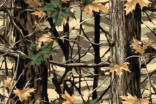 Hunting Camouflage Design Featuring a Real Tree Forest Seamless Pattern