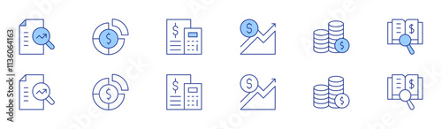 Finance icon set in two styles, Duotone and Thin Line style. Editable stroke. research, financial profit, allocation, budget, coins, audit