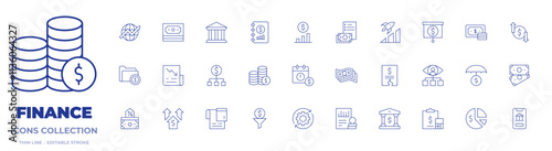 Finance icons collection. Thin Line icons, editable stroke. advancement, bank, budget, coins, consultant, economy, finance, finance book, globe, money, newspaper, notes, payday