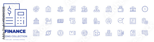 Finance icons collection. Thin Line icons, editable stroke. allocation, bank, business and finance, corporation, cost, edc, financial profit, investment, money, tax
