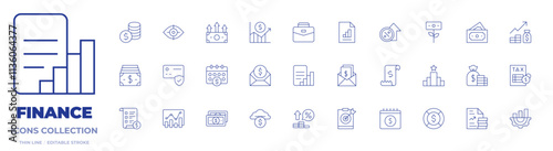 Finance icons collection. Thin Line icons, editable stroke. calendar, career, check, graph, grow, money, profits, rate, report, salary, subsidy, transaction, vision