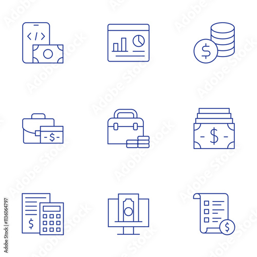 Finance icons set. Thin Line style, editable stroke. app development, briefcase, calculator, dashboard, finance, funding, money, price list