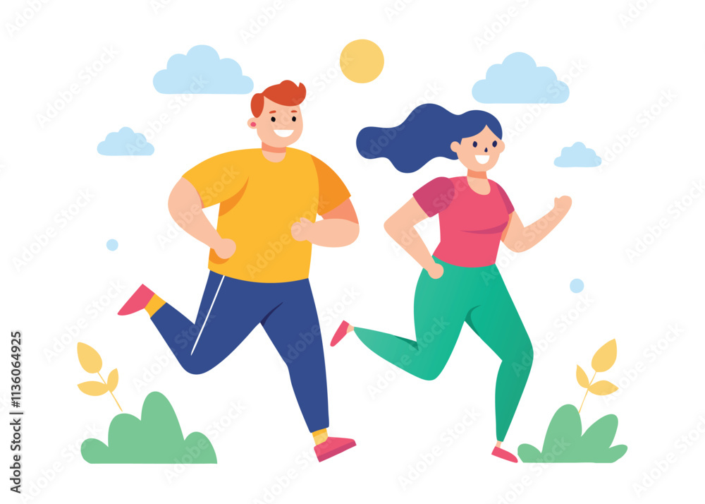 A cheerful couple jogs side by side in an outdoor A cheerful couple jogs side by side in an outdoor