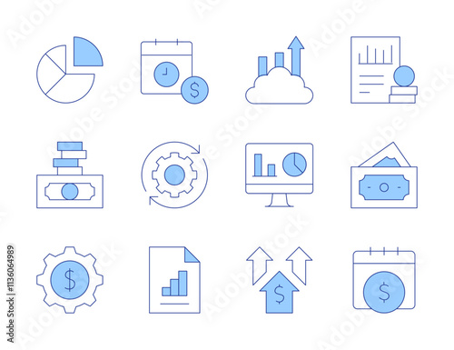 Finance icons. Line Duotone style, editable stroke. data management, gear, cash, business intelligence, line graph, money, graph, profit, development, payday
