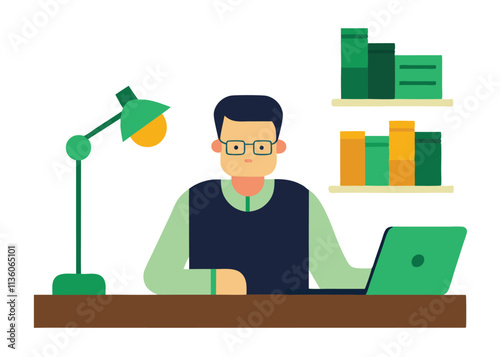 A middle aged male character working in a library