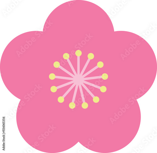 梅の花で花びらはピンク、花糸は薄ピンク、雄しべは黄色