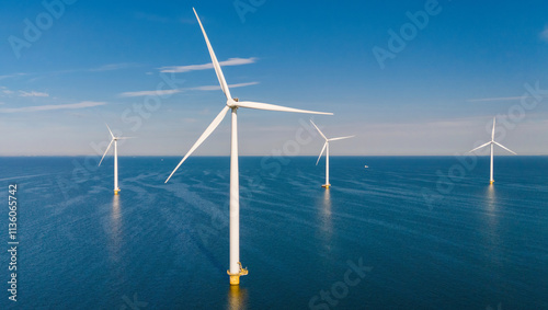 Windmill turbines at sea seen from a drone aerial view from abov photo