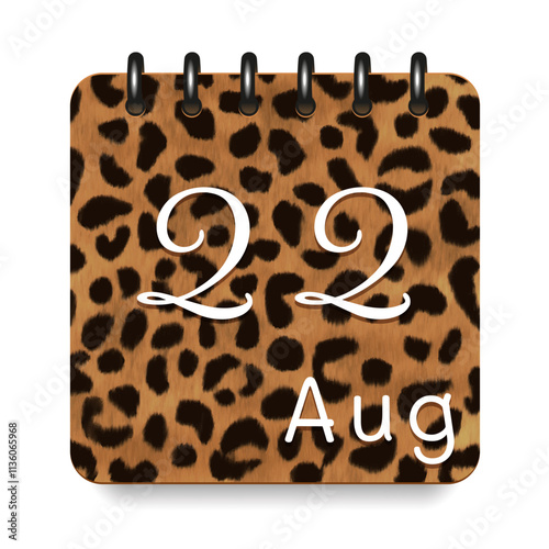 August. Leopard print calendar daily icon. White letters. Date day week Sunday, Monday, Tuesday, Wednesday, Thursday, Friday, Saturday.
