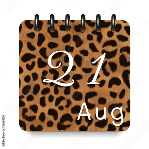 August. Leopard print calendar daily icon. White letters. Date day week Sunday, Monday, Tuesday, Wednesday, Thursday, Friday, Saturday.