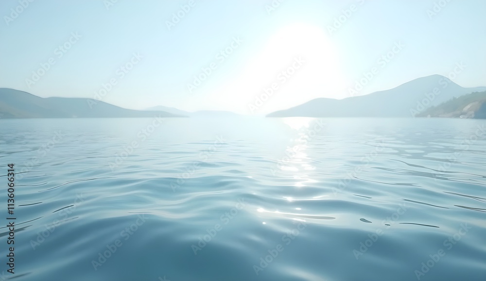 Naklejka premium A calm sea with a clear blue sky and distant mountains.