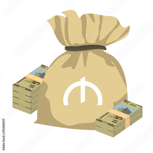 Azerbaijan Manat Vector Illustration. Azerbaijani money set bundle banknotes. Money bag 50 AZN. Flat style. Isolated on white background. Simple minimal design.