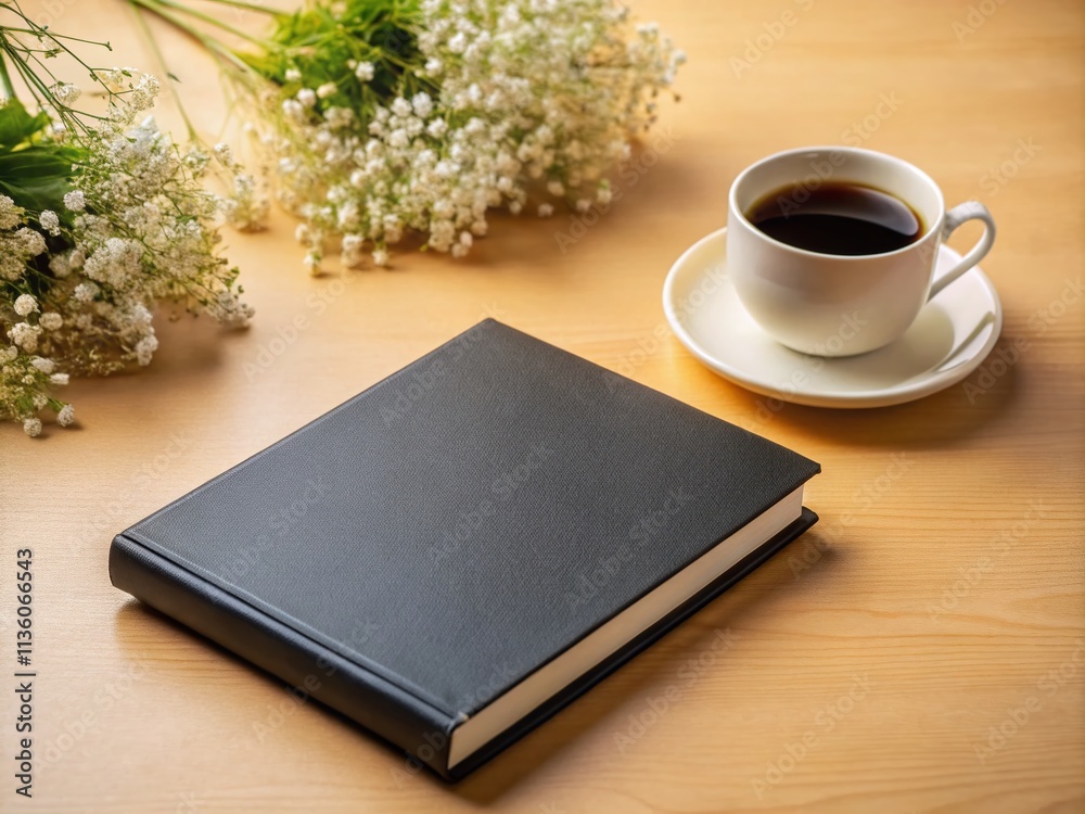Fototapeta premium Black Book Mockup with Gypsophila, Coffee, and Workspace Accessories