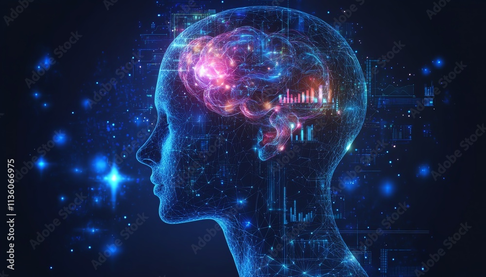 Digital head with neural brain, AIdriven data charts and health diagnostics symbols, modern healthcare technology concept, glowing and hightech visuals Digital head with neural brain, AIdriven data charts and health diagnostics symbols, modern healthcare technology concept, glowing and hightech visuals