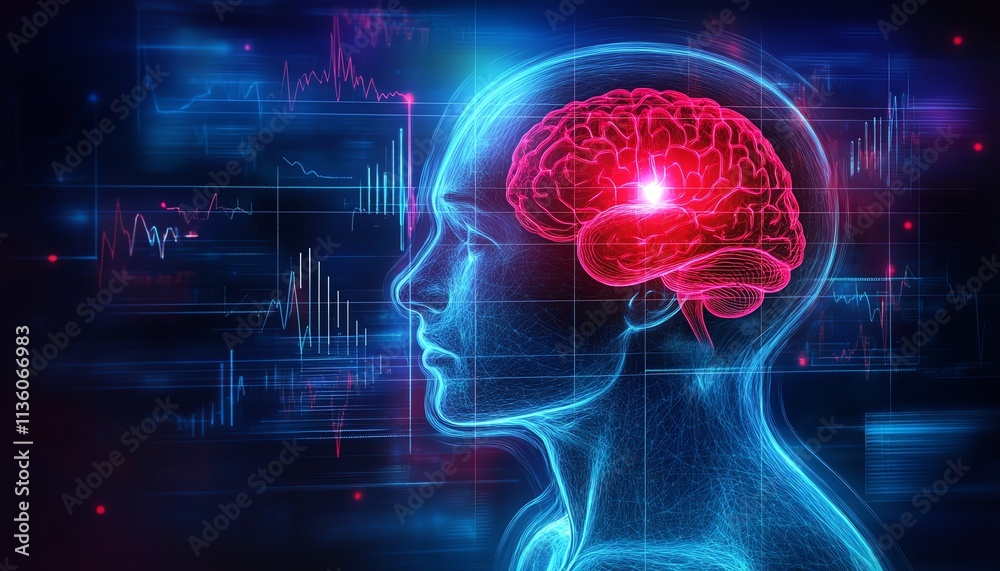 Digital head with neural brain, AIdriven data charts and health diagnostics symbols, modern healthcare technology concept, glowing and hightech visuals Digital head with neural brain, AIdriven data charts and health diagnostics symbols, modern healthcare technology concept, glowing and hightech visuals