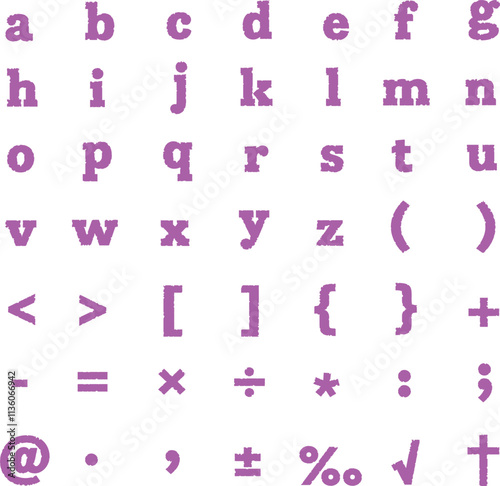 鈍い紫色の、掠れたアルファベット小文字と記号